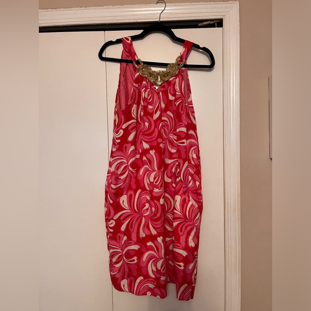 Lilly Pulitzer Pink Punch Gold Necklace Giselle Silk Dress (8)